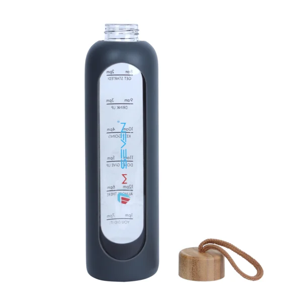 32 Oz Borosilicate Glass Water Bottle with Time Marker - Leak Proof, BPA Free, Eco-Friendly Reusable Glass Water Bottle with Silicone Sleeve & Bamboo Lid - Black