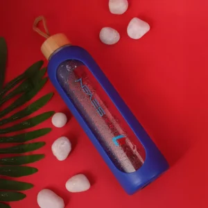 32 Oz Borosilicate Glass Water Bottle with Time Marker - Leak Proof, BPA Free, Eco-Friendly Reusable Glass Water Bottle with Silicone Sleeve & Bamboo Lid - Blue