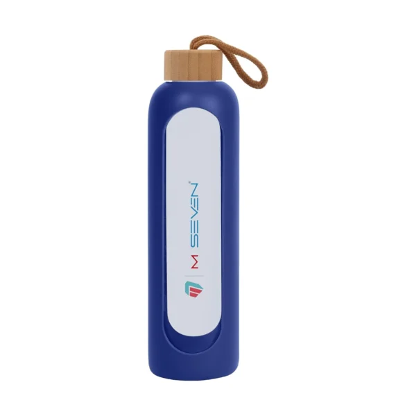 32 Oz Borosilicate Glass Water Bottle with Time Marker - Leak Proof, BPA Free, Eco-Friendly Reusable Glass Water Bottle with Silicone Sleeve & Bamboo Lid - Blue