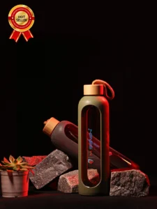 32 Oz Borosilicate Glass Water Bottle with Time Marker – Leak Proof, BPA Free, Eco-Friendly Reusable Glass Water Bottle with Silicone Sleeve & Bamboo Lid – Green