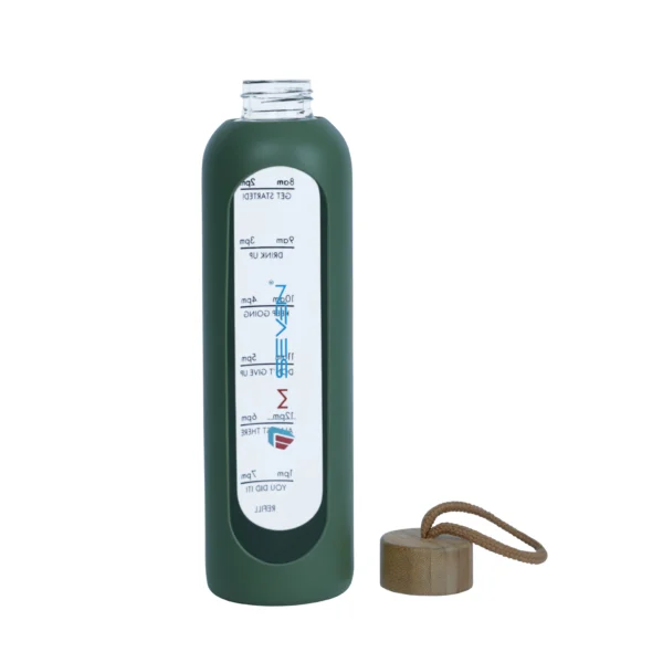 32 Oz Borosilicate Glass Water Bottle with Time Marker - Leak Proof, BPA Free, Eco-Friendly Reusable Glass Water Bottle with Silicone Sleeve & Bamboo Lid - Green