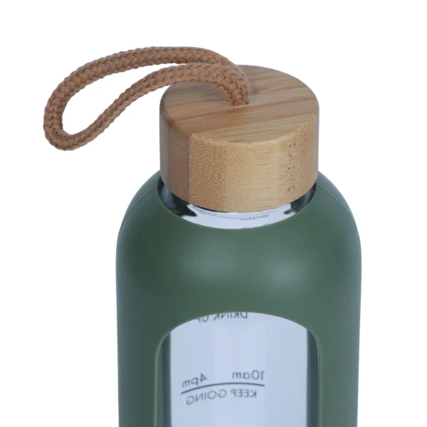 32 Oz Borosilicate Glass Water Bottle with Time Marker - Leak Proof, BPA Free, Eco-Friendly Reusable Glass Water Bottle with Silicone Sleeve & Bamboo Lid - Green