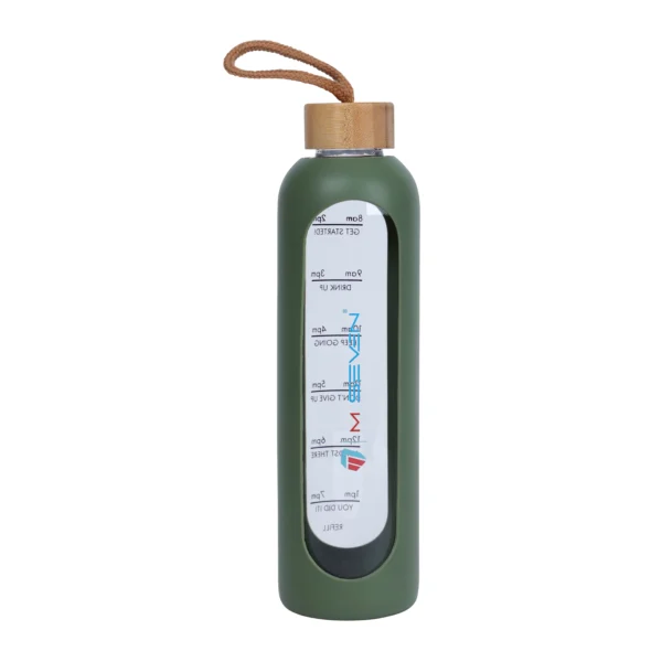 32 Oz Borosilicate Glass Water Bottle with Time Marker - Leak Proof, BPA Free, Eco-Friendly Reusable Glass Water Bottle with Silicone Sleeve & Bamboo Lid - Green