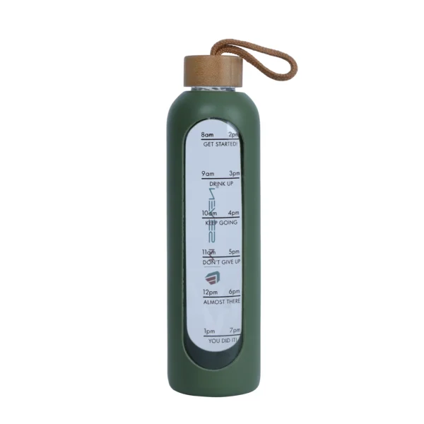 32 Oz Borosilicate Glass Water Bottle with Time Marker - Leak Proof, BPA Free, Eco-Friendly Reusable Glass Water Bottle with Silicone Sleeve & Bamboo Lid - Green