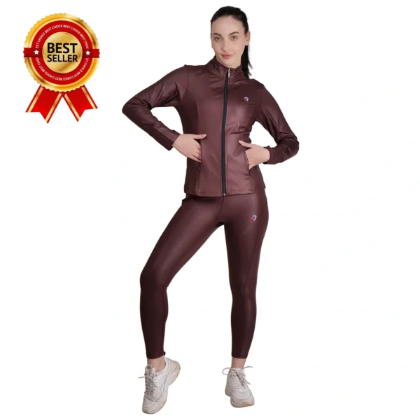 Women's Brown Yoga Cord Set – 2 Piece Workout Outfit with Zip Jacket