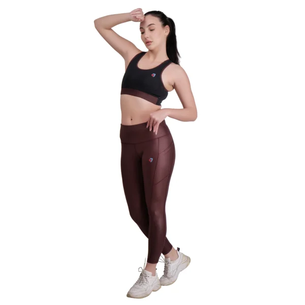 Women's Brown Yoga Cord Set – 2 Piece Workout Outfit with Zip Jacket - Image 3