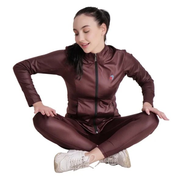 Women's Brown Yoga Cord Set – 2 Piece Workout Outfit with Zip Jacket - Image 7